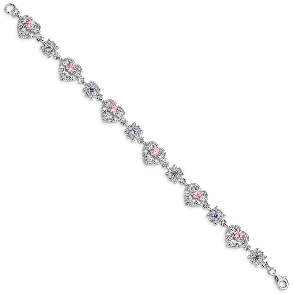 Sterling Silver Rhod-plated Pink and Clear CZ Heart Bracelet