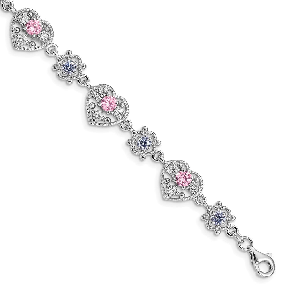Sterling Silver Rhod-plated Pink and Clear CZ Heart Bracelet