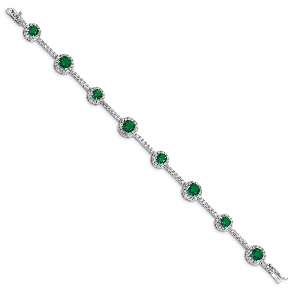 Sterling Silver Rhodium-plated Round Green and Clear CZ Halo Bracelet