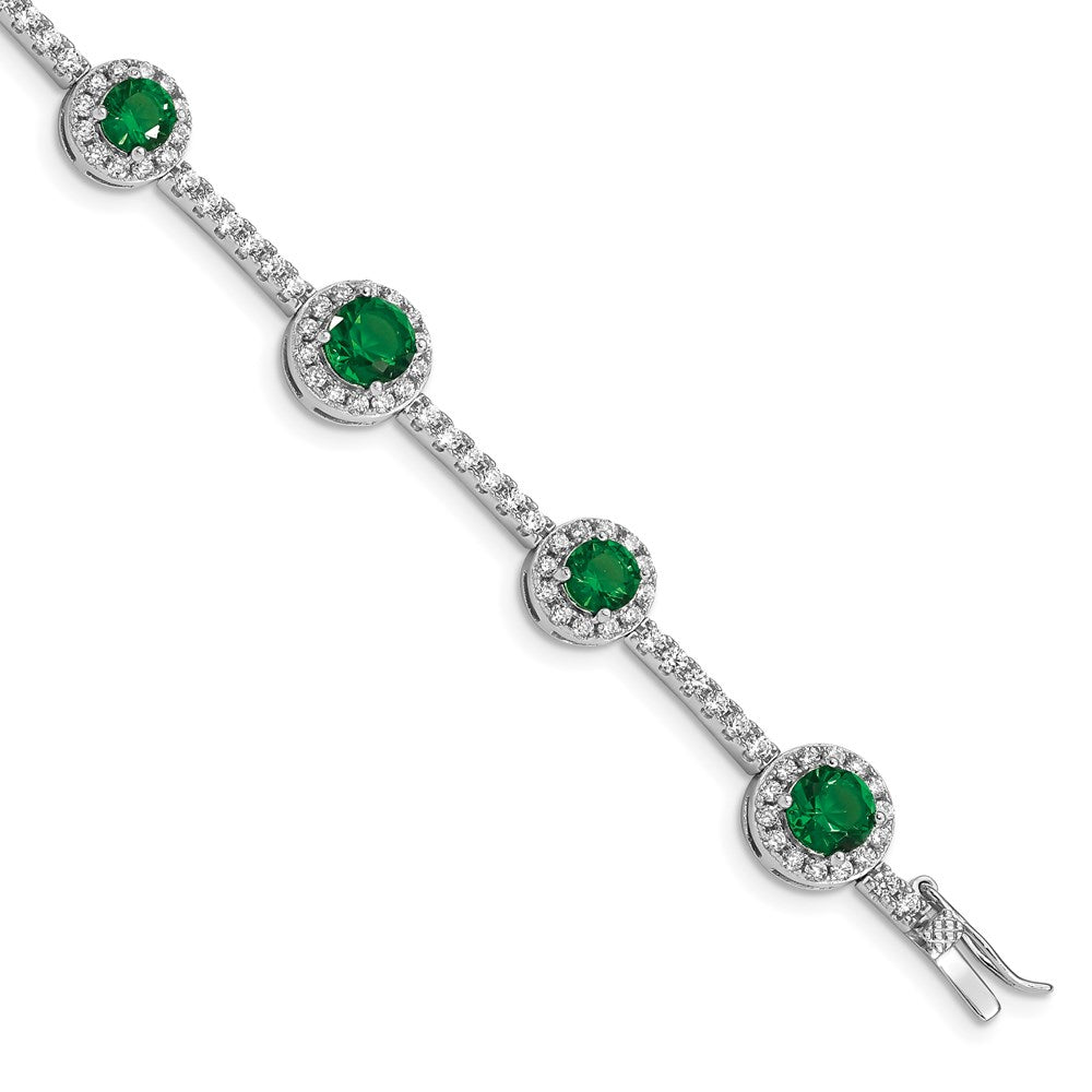 Sterling Silver Rhodium-plated Round Green and Clear CZ Halo Bracelet