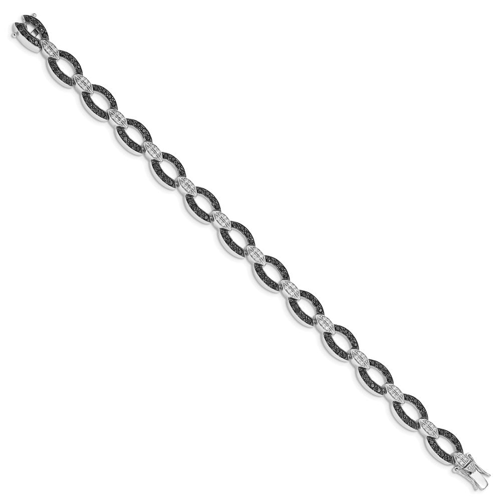 Sterling Silver Rhodium Black & White CZ Circle & Bar Link Bracelet