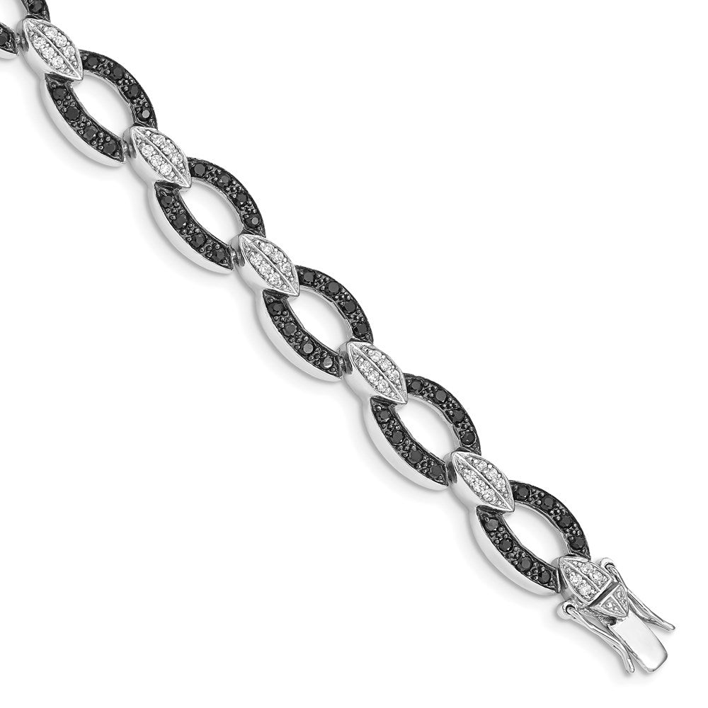 Sterling Silver Rhodium Black & White CZ Circle & Bar Link Bracelet