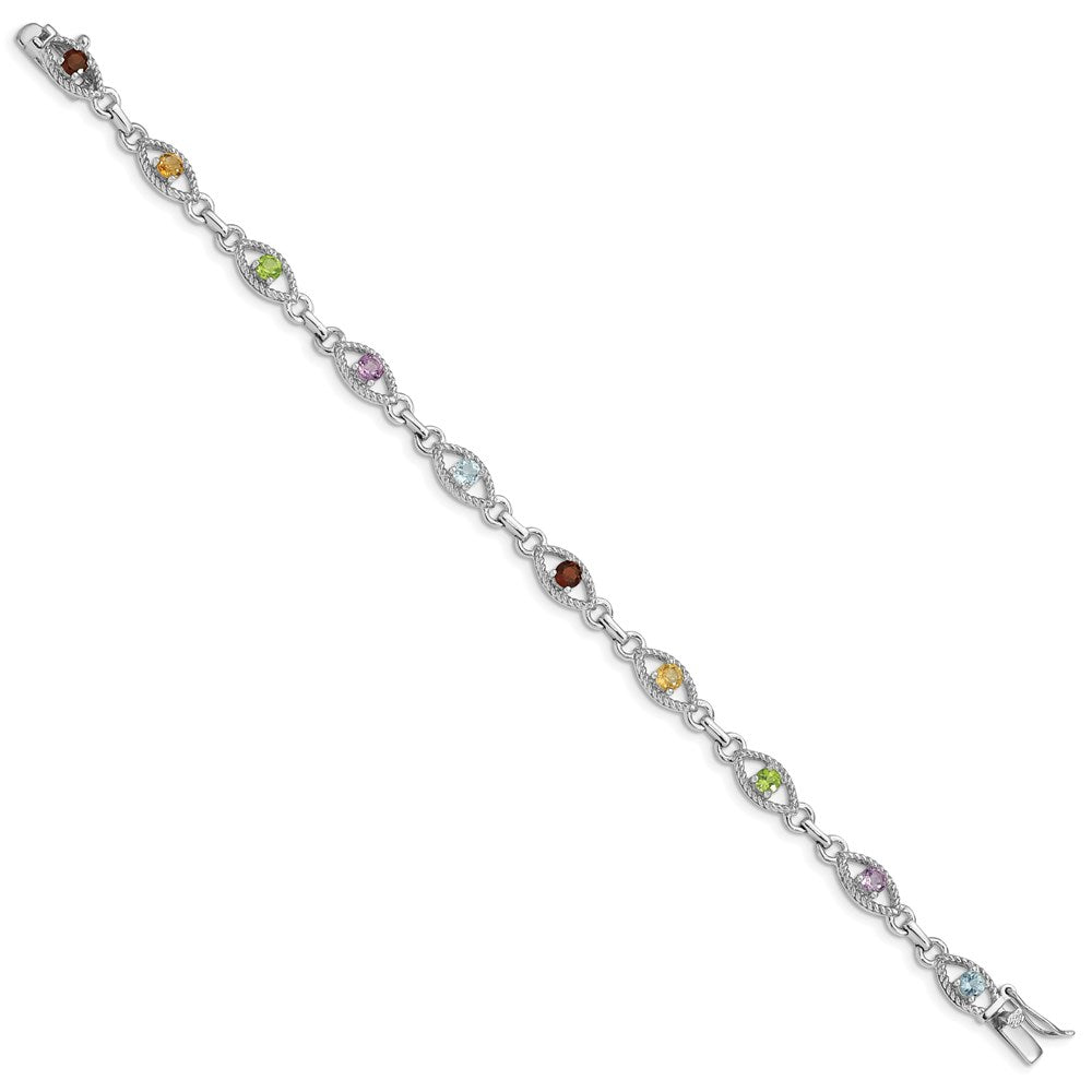 Sterling Silver Rhod Plated Multicolored Gemstone Link Bracelet