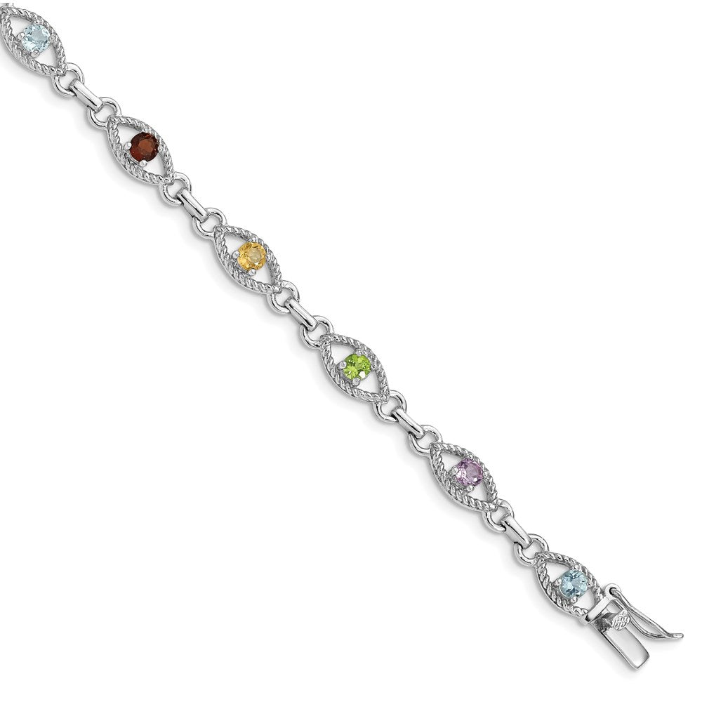Sterling Silver Rhod Plated Multicolored Gemstone Link Bracelet