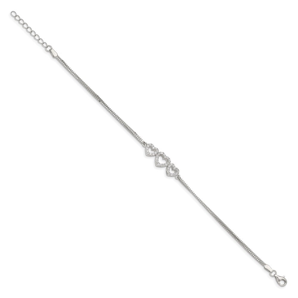 Sterling Silver Rhodium-plated Polished Three Linked CZ Open Hearts Bracelet with extension