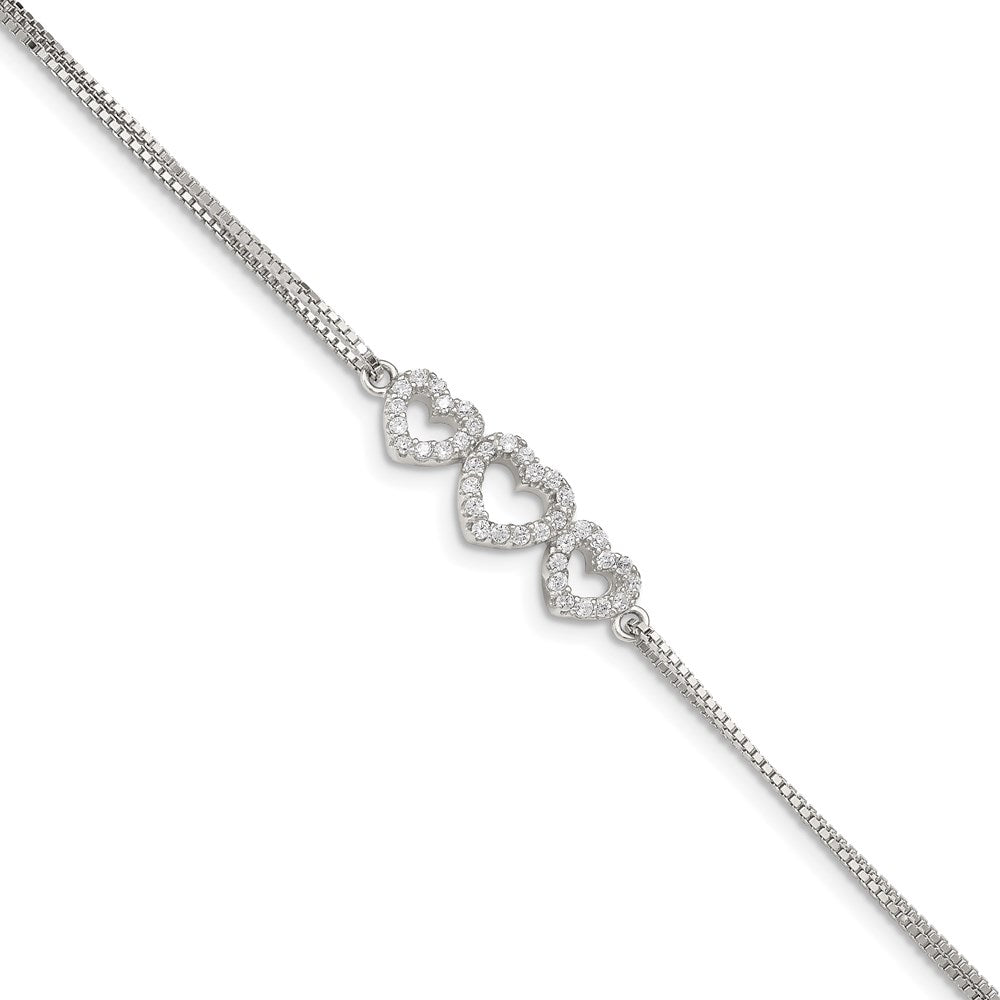 Sterling Silver Rhodium-plated Polished Three Linked CZ Open Hearts Bracelet with extension