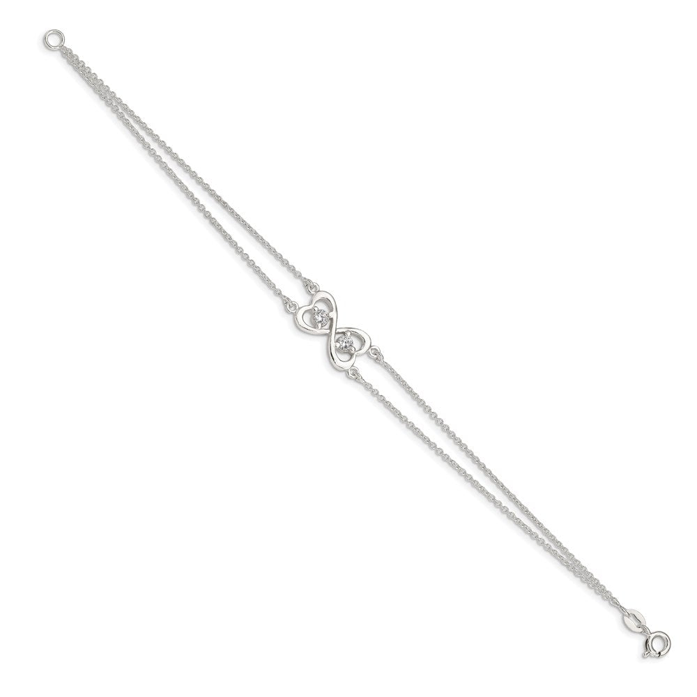 Sterling Silver Polished CZ Heart Infinity Two-strand Bracelet