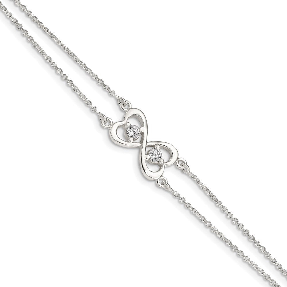 Sterling Silver Polished CZ Heart Infinity Two-strand Bracelet