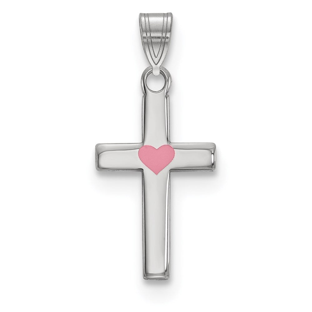 Sterling Silver Rhodium-plated Pink Enameled Heart Cross Charm