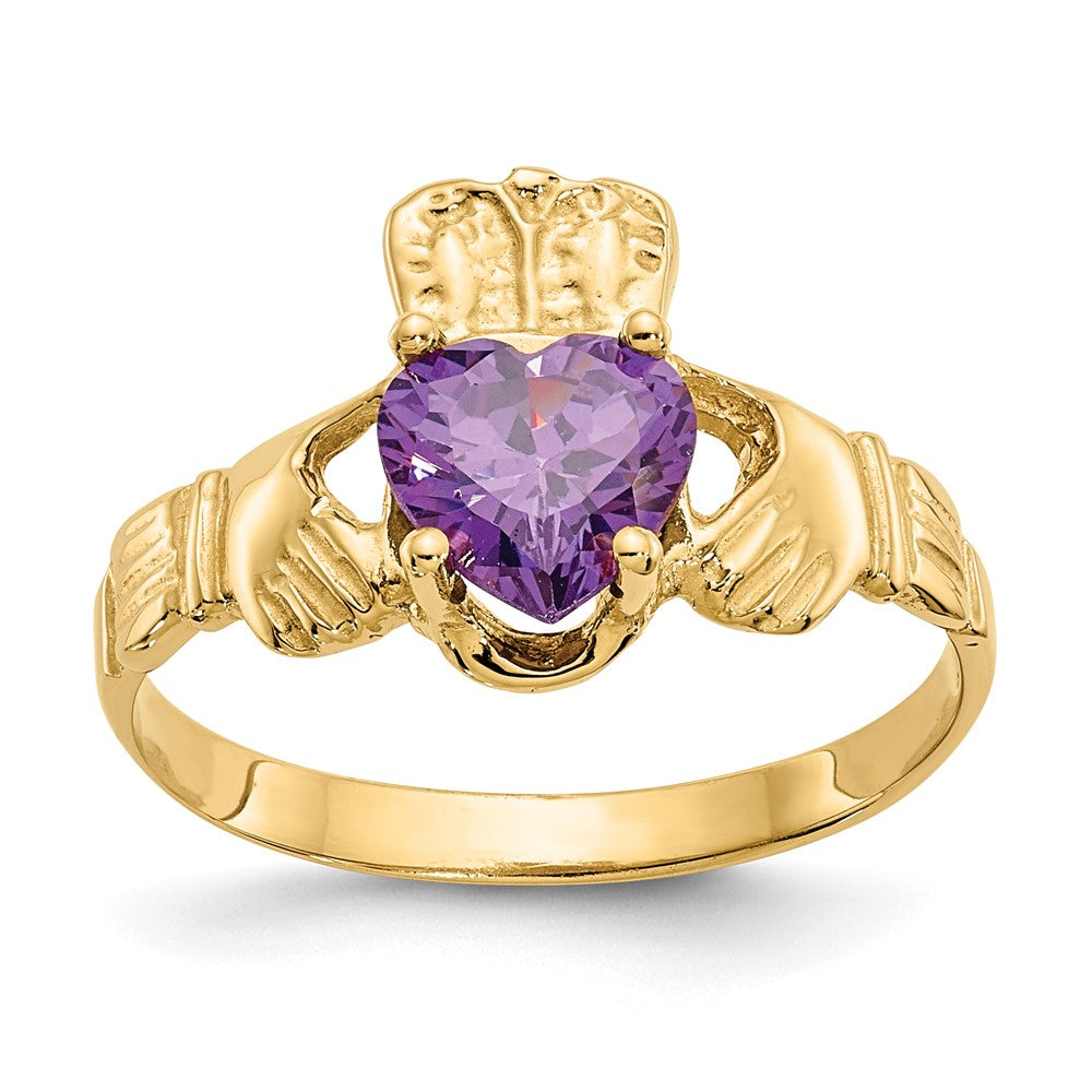 14k February CZ Birthstone Claddagh Ring