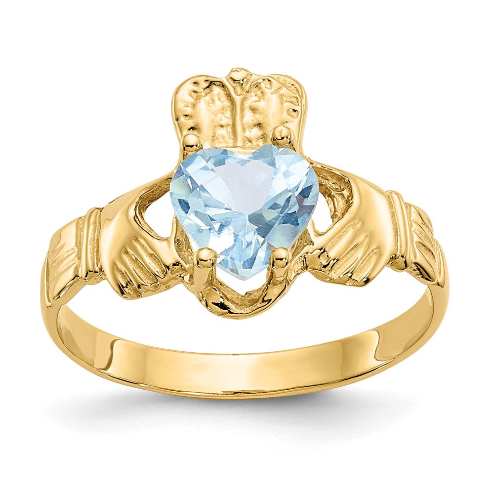 14k March CZ Birthstone Claddagh Ring