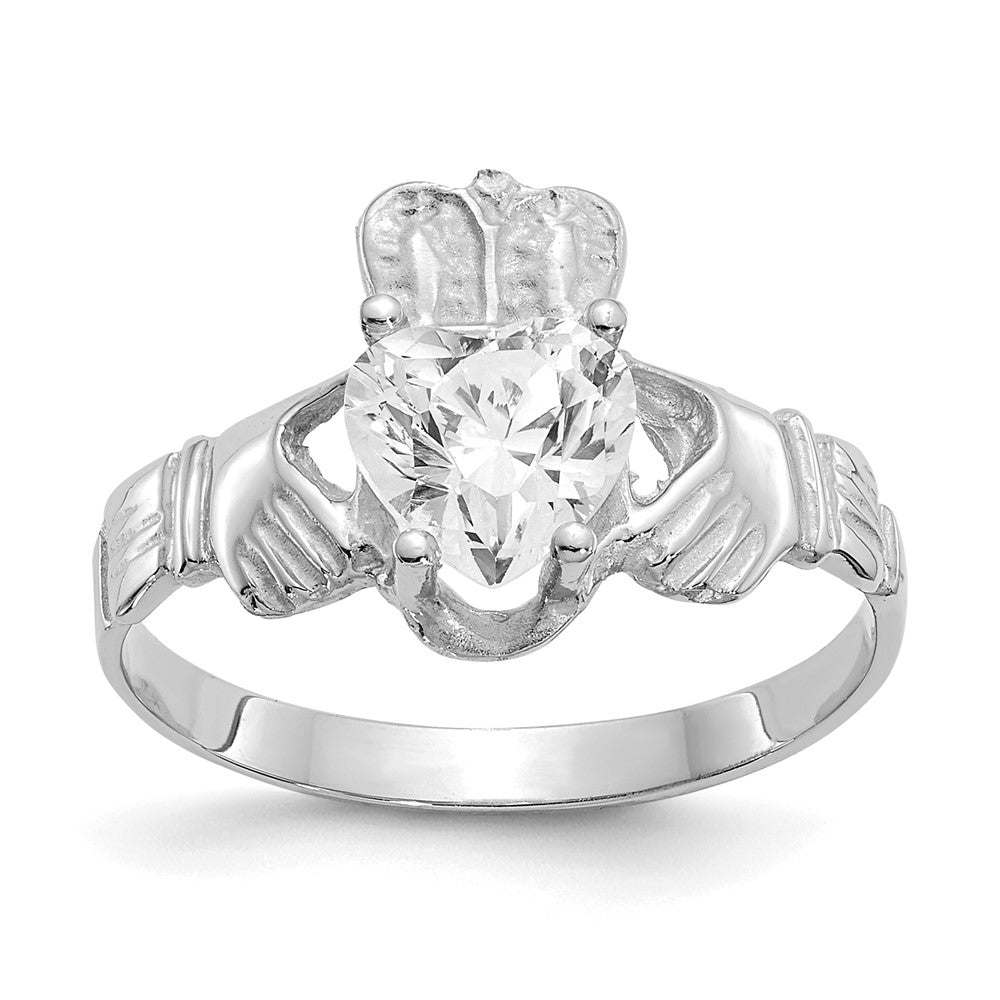 14k White Gold April CZ Heart Birthstone Claddagh Ring