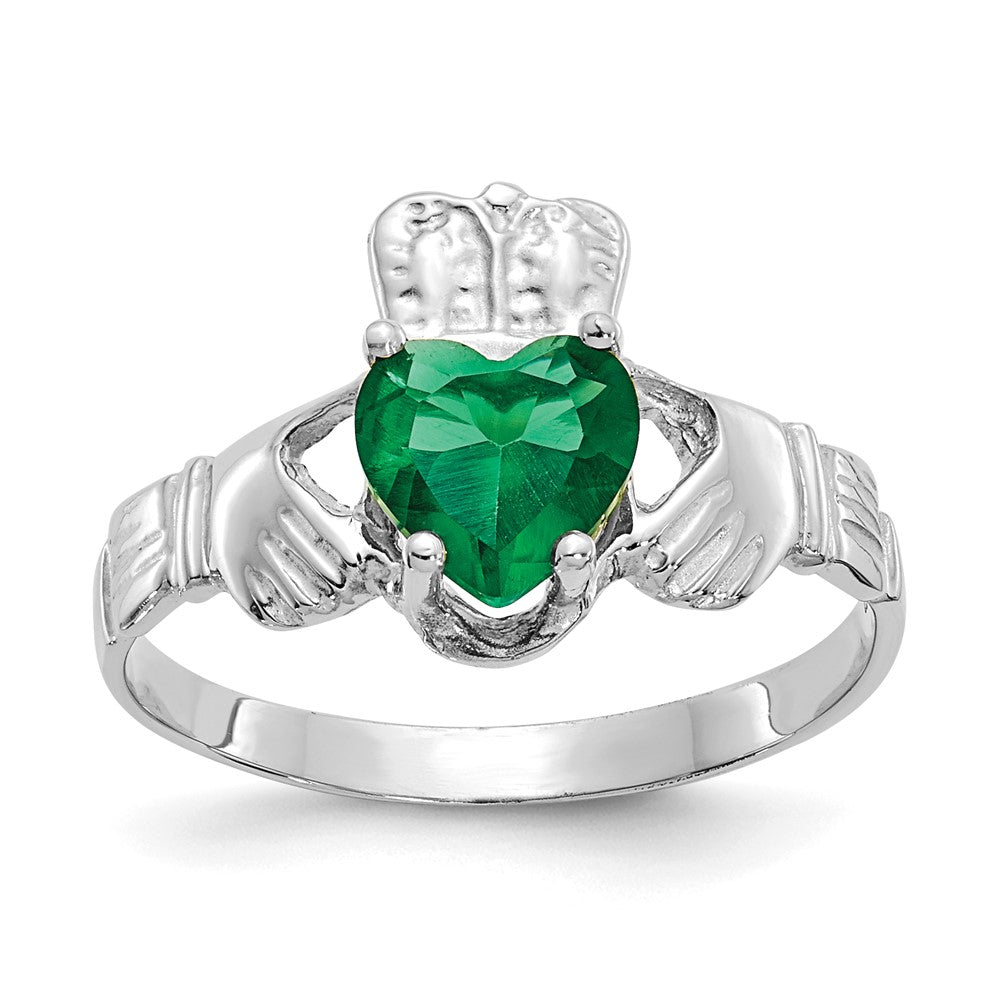 14k White Gold May CZ Birthstone Claddagh Ring