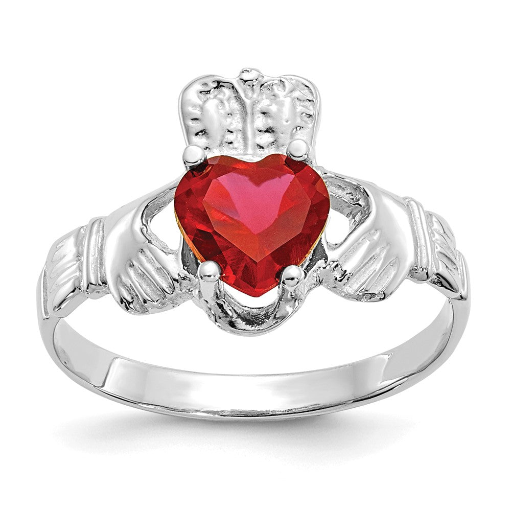 14k White Gold July CZ Birthstone Claddagh Ring