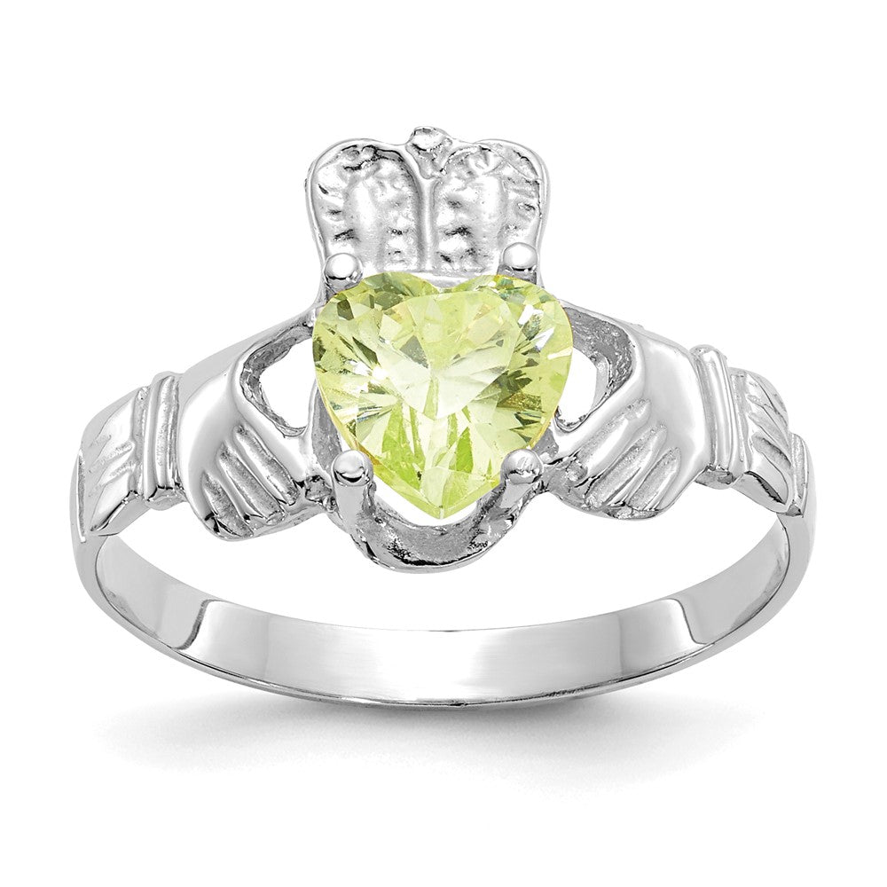 14k White Gold August CZ Birthstone Claddagh Ring