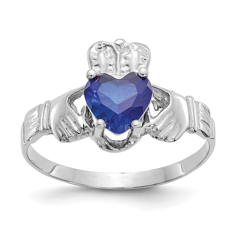 14k White Gold September CZ Birthstone Claddagh Ring