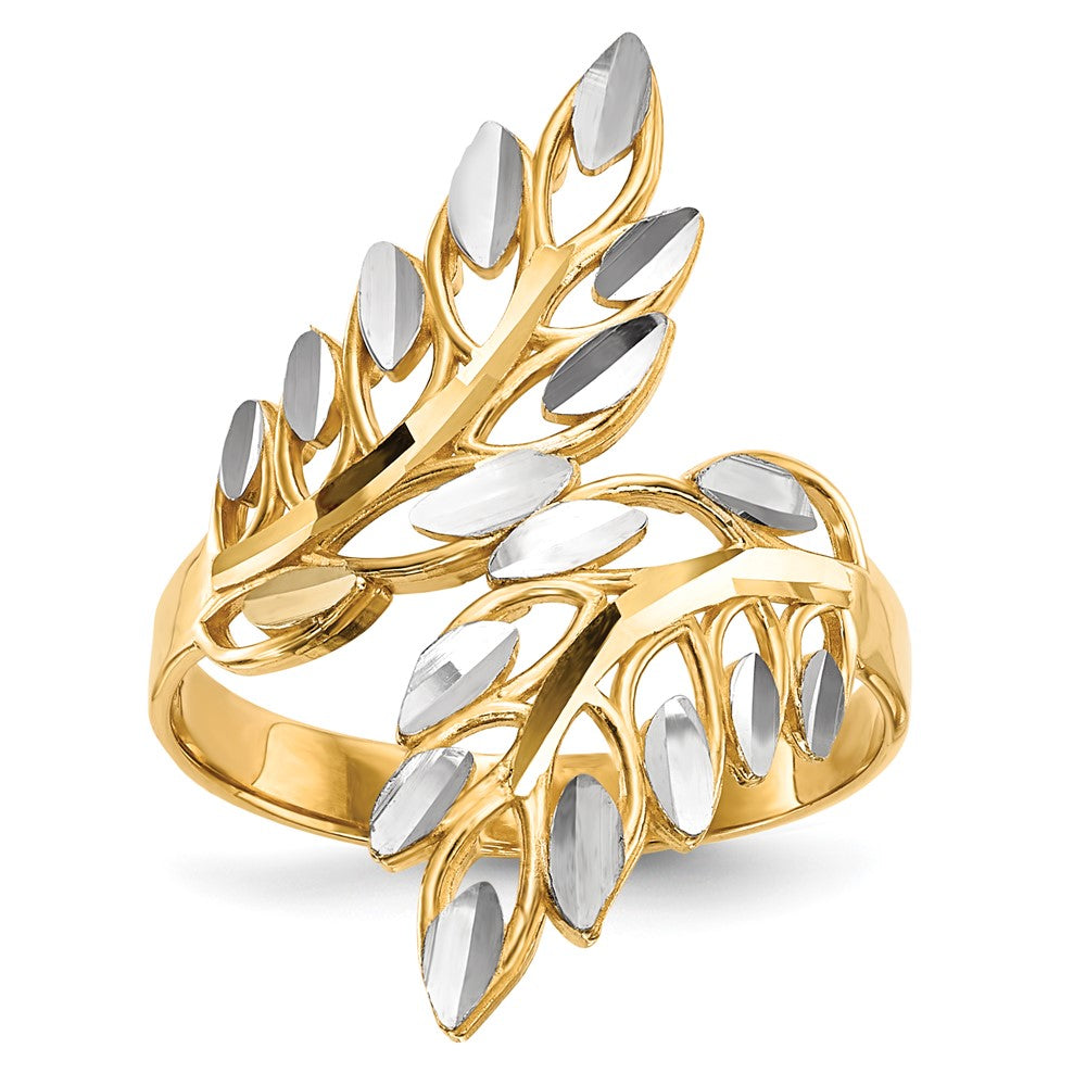 14k w/ White Rhodium Diamond-cut Leaves Ring