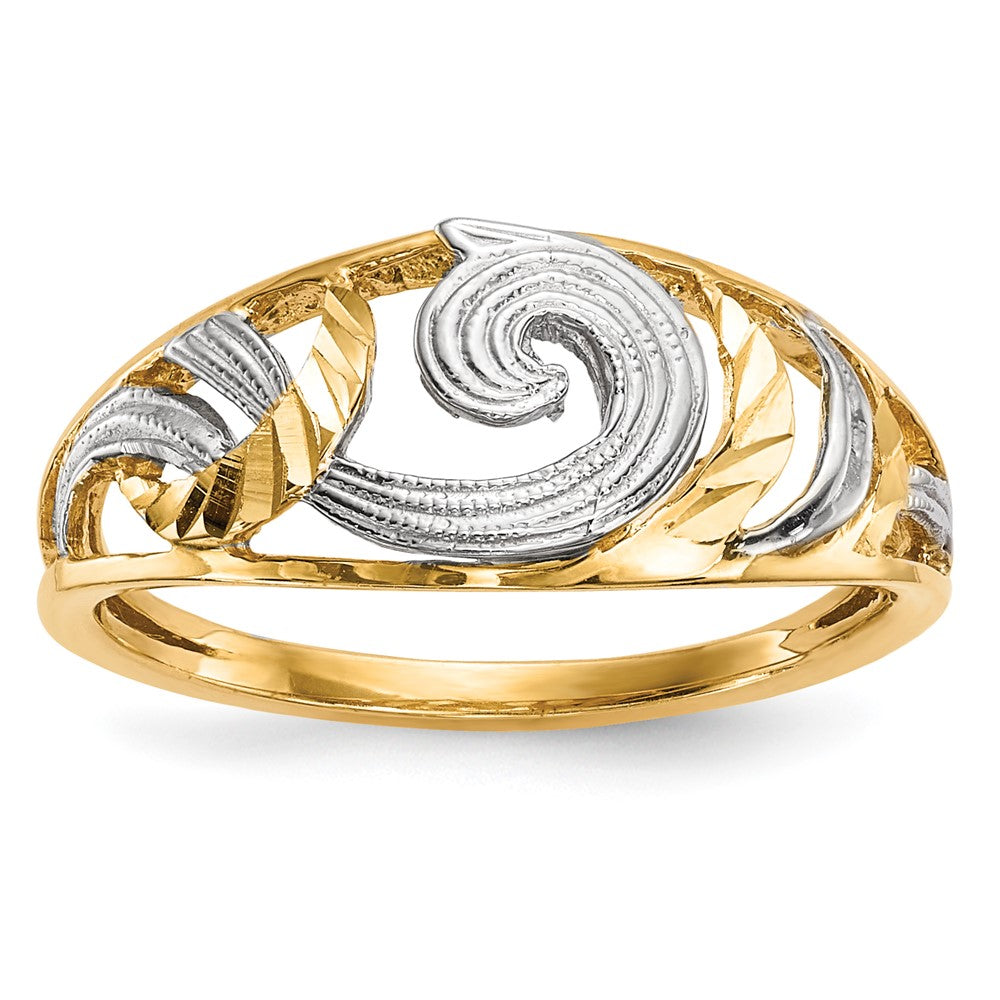 14k w/White Rhodium Polished & D/C Swirls Ring