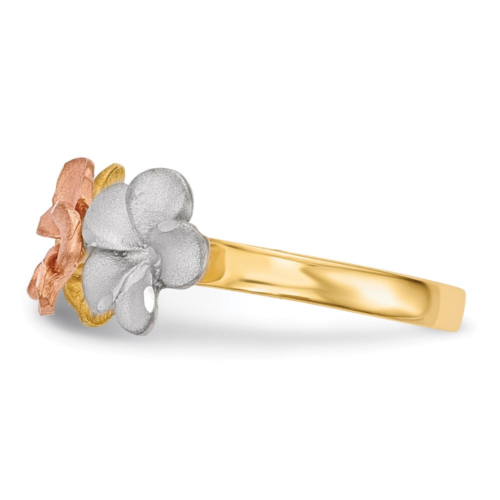 14k Two-tone w/White Rhodium Satin D/C 3-Plumerias Ring