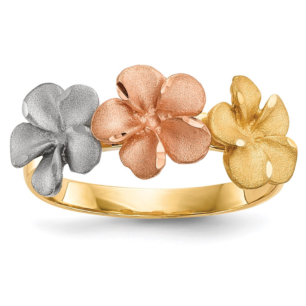 14k Two-tone w/White Rhodium Satin D/C 3-Plumerias Ring