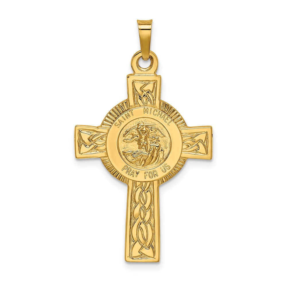 14k Polished Cross with St. Michael Medal Pendant