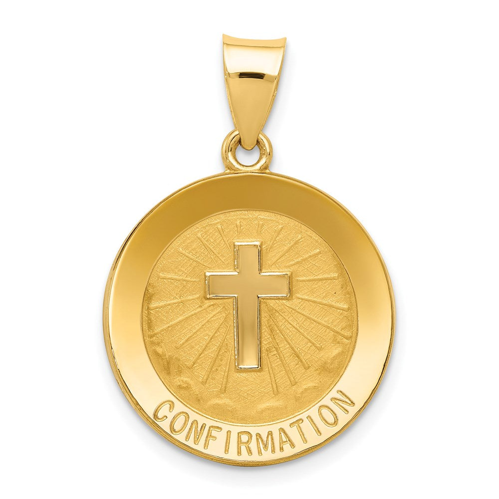 14k Polished and Satin Hollow CONFIRMATION with Cross Medal Round Pendant