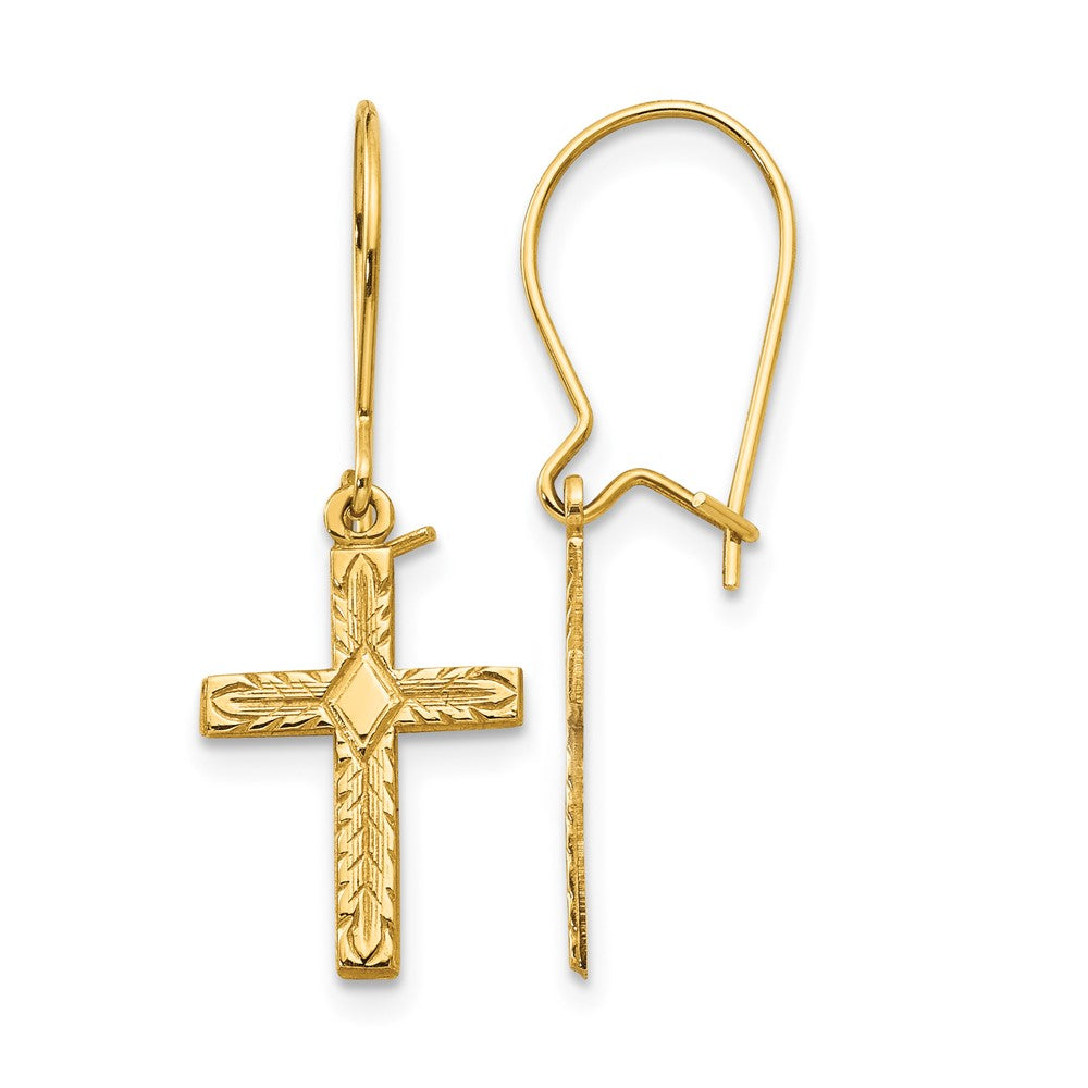 14k Polished and Satin Cross Kidney Wire Earrings