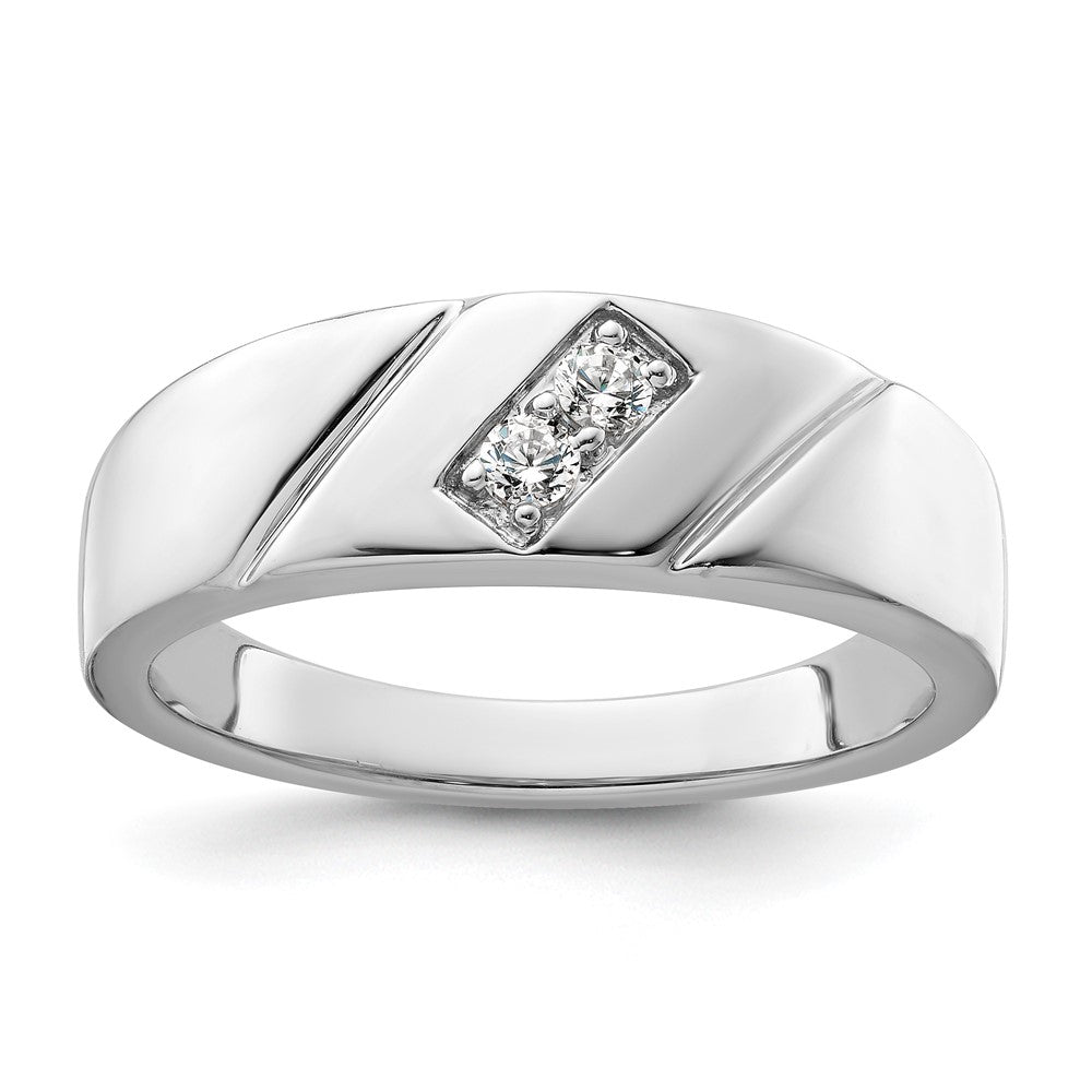 14k White Gold Grooved Complete Diamond Mens Wedding Band