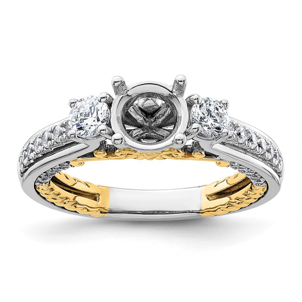 14k Two-tone Three Stone Semi-Mount Including 2- Side Stones Engagement Ring