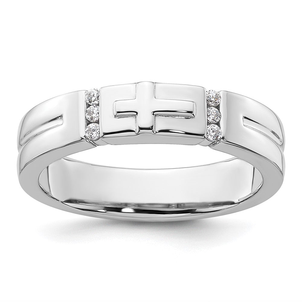 14k White Gold Cross Diamond Mens Complete Wedding Band