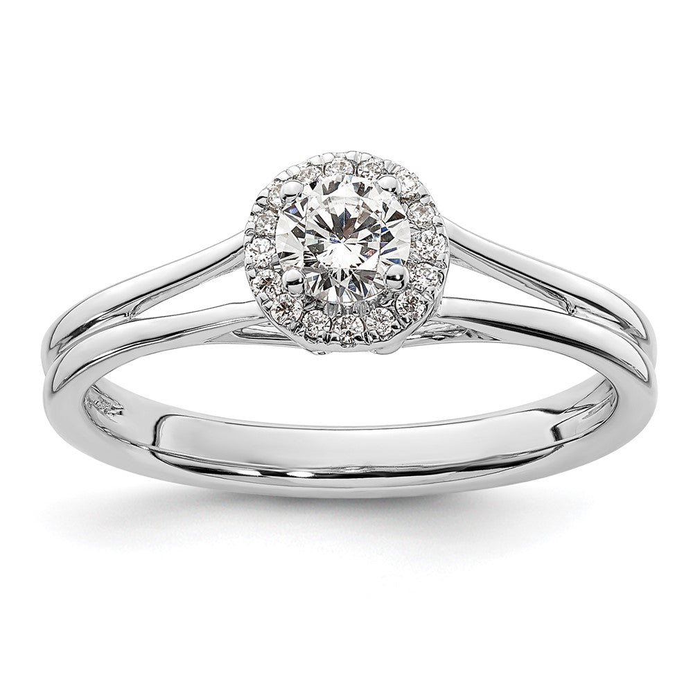 14k White Gold Halo (Holds 1/4 carat () Round Center) 1/20 carat Diamond Semi-mount Split Shank Engagement Ring