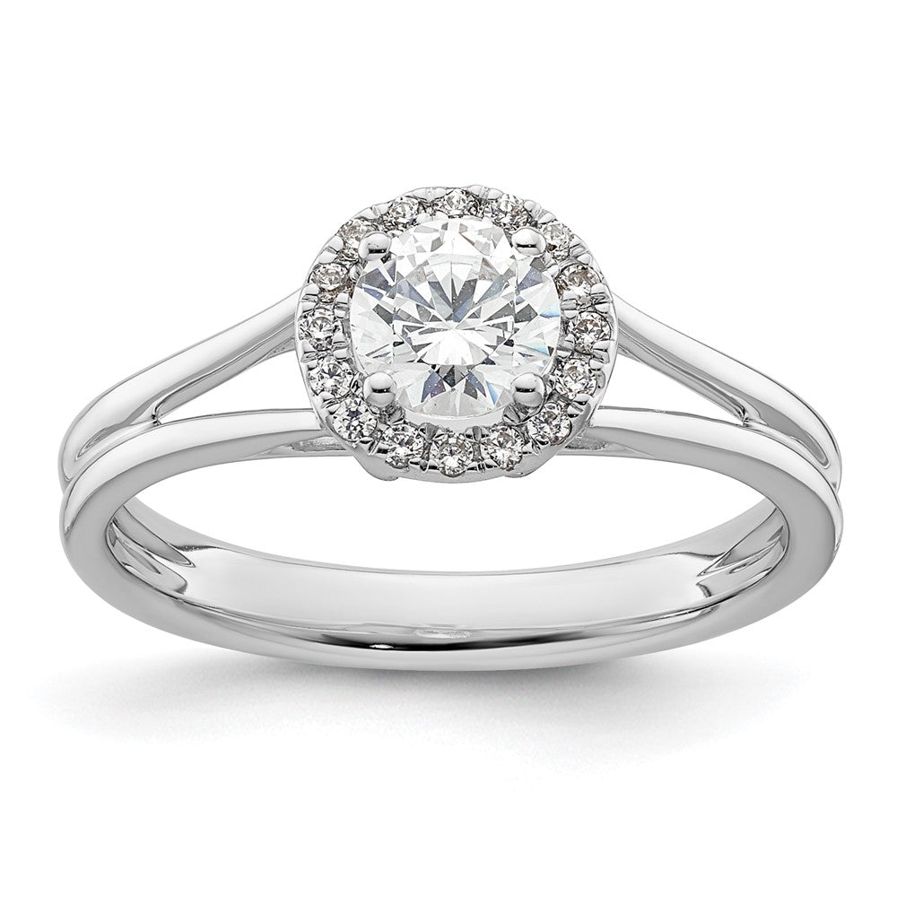 14k White Gold Halo (Holds 1/2 carat () Round Center) 1/10 carat Diamond Semi-mount Split Shank Engagement Ring