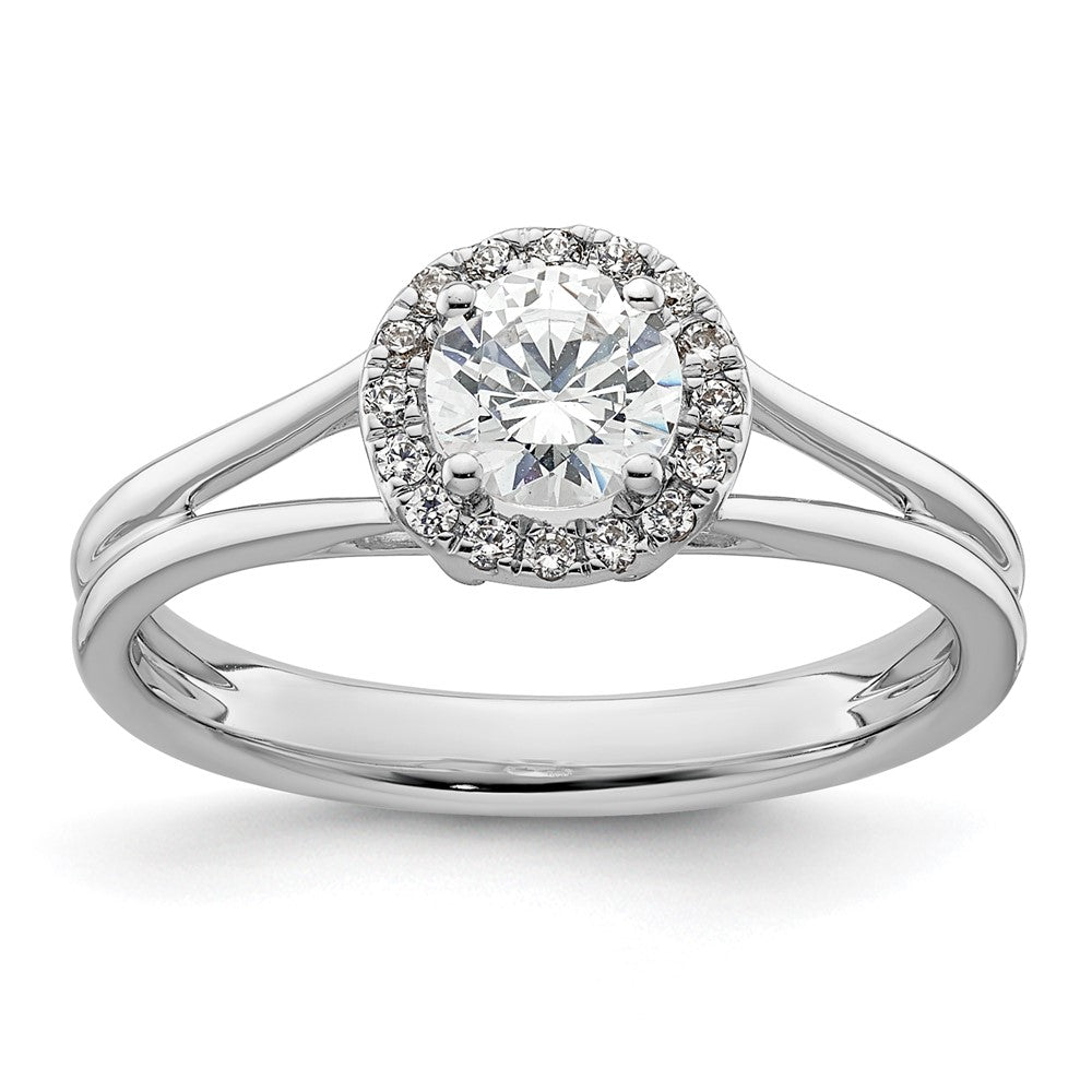 14k White Gold Halo (Holds 1/2 carat () Round Center) 1/10 carat Diamond Semi-mount Split Shank Engagement Ring