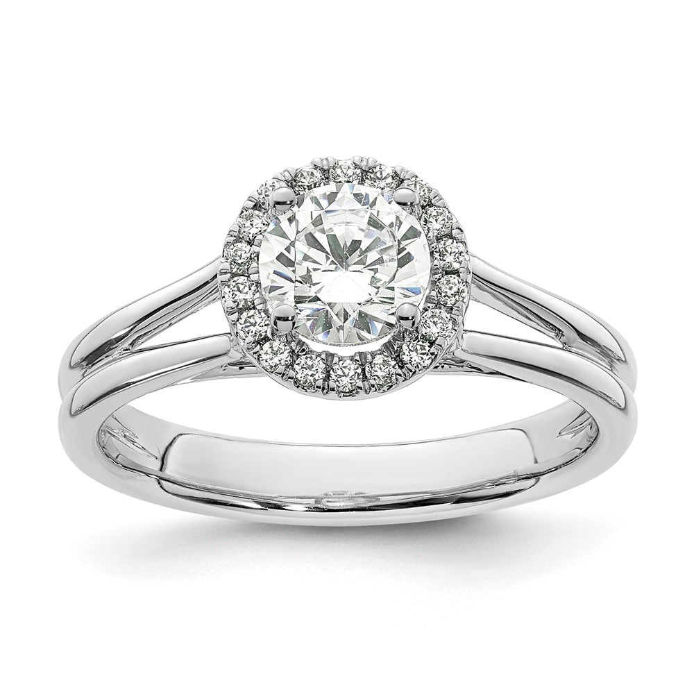 14k White Gold Halo (Holds 3/4 carat () Round Center) 1/10 carat Diamond Semi-mount Split Shank Engagement Ring