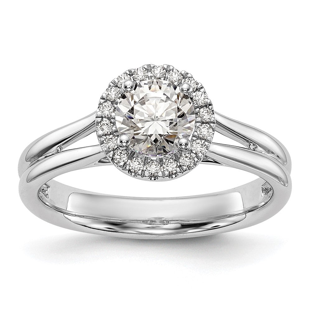 14k White Gold Halo (Holds 1 carat () Round Center) 1/8 carat Diamond Semi-mount Split Shank Engagement Ring