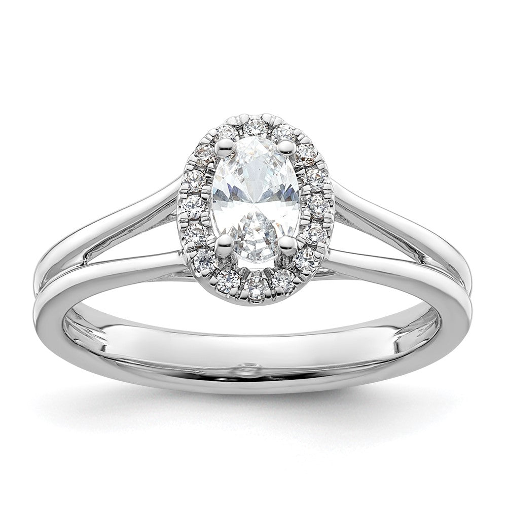 14k White Gold Halo (Holds 1/2 carat (6x) Oval Center) 1/10 carat Diamond Semi-mount Split Shank Engagement Ring