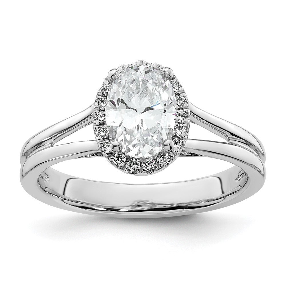 14k White Gold Halo (Holds 3/4 carat (7.7x) Oval Center) 1/10 carat Diamond Semi-mount Split Shank Engagement Ring