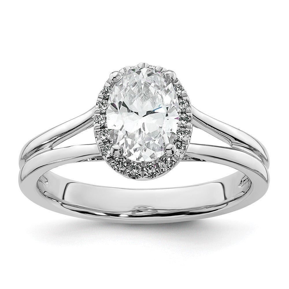 14k White Gold Halo (Holds 3/4 carat (7.7x) Oval Center) 1/10 carat Diamond Semi-mount Split Shank Engagement Ring