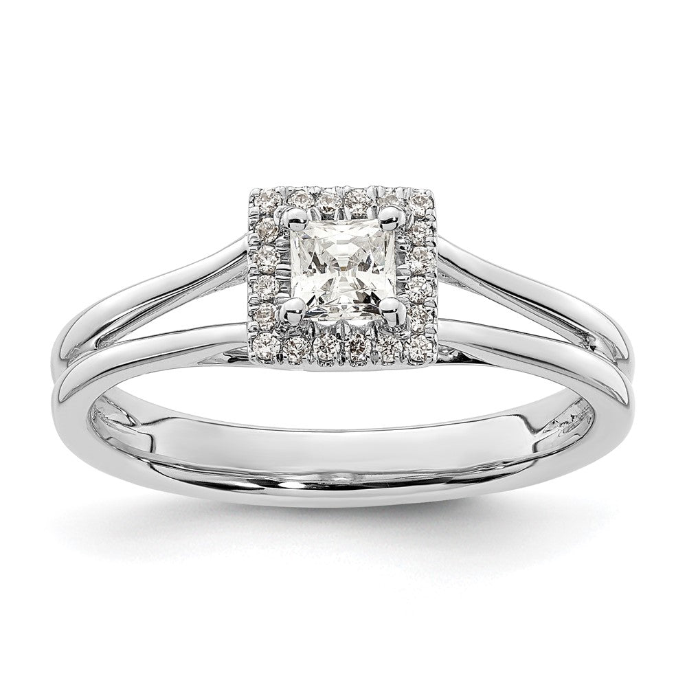 14k White Gold Halo (Holds 1/4 carat () Princess Center) 1/15 carat Diamond Semi-mount Split Shank Engagement Ring