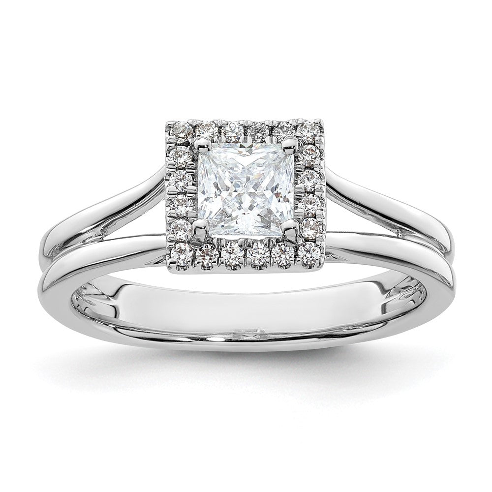 14k White Gold Halo (Holds 1/2 carat () Princess Center) 1/8 carat Diamond Semi-mount Split Shank Engagement Ring