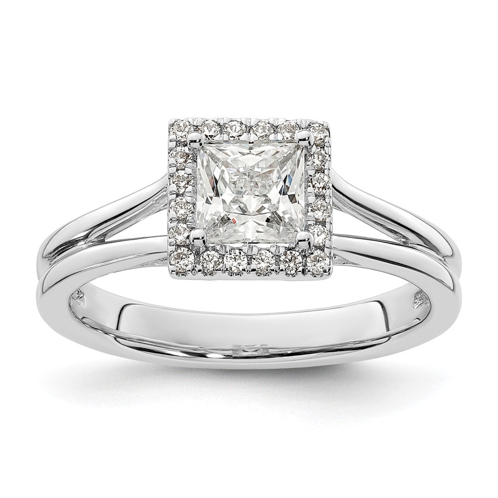 14k White Gold Halo (Holds 3/4 carat () Princess Center) 1/8 carat Diamond Semi-mount Split Shank Engagement Ring