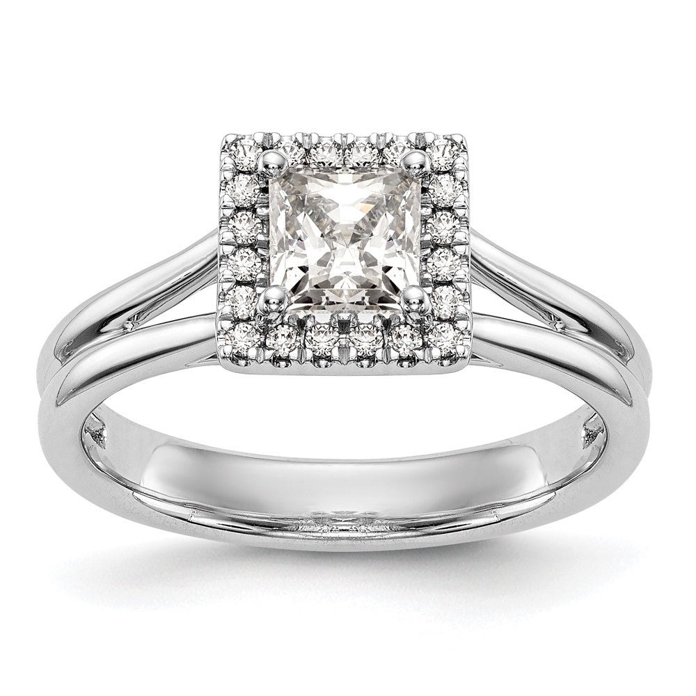 14k White Gold Halo (Holds 1 carat () Princess Center) 1/6 carat Diamond Semi-mount Split Shank Engagement Ring