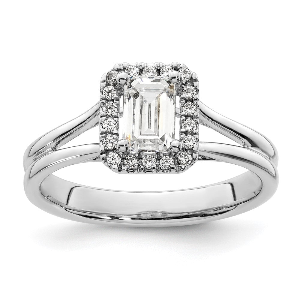 14k White Gold Halo (Holds 3/4 carat (5.7x) Emerald-cut Center) 1/10 carat Diamond Semi-mount Split Shank Engagement Ring