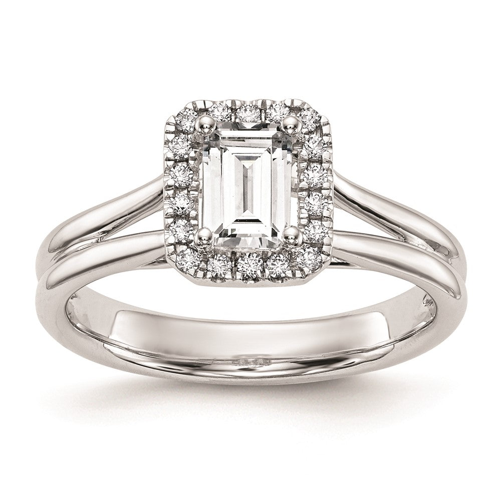 14k White Gold Halo (Holds 1/4 carat (4.5x) Emerald-cut Center) 1/20 carat Diamond Semi-mount Split Shank Engagement Ring