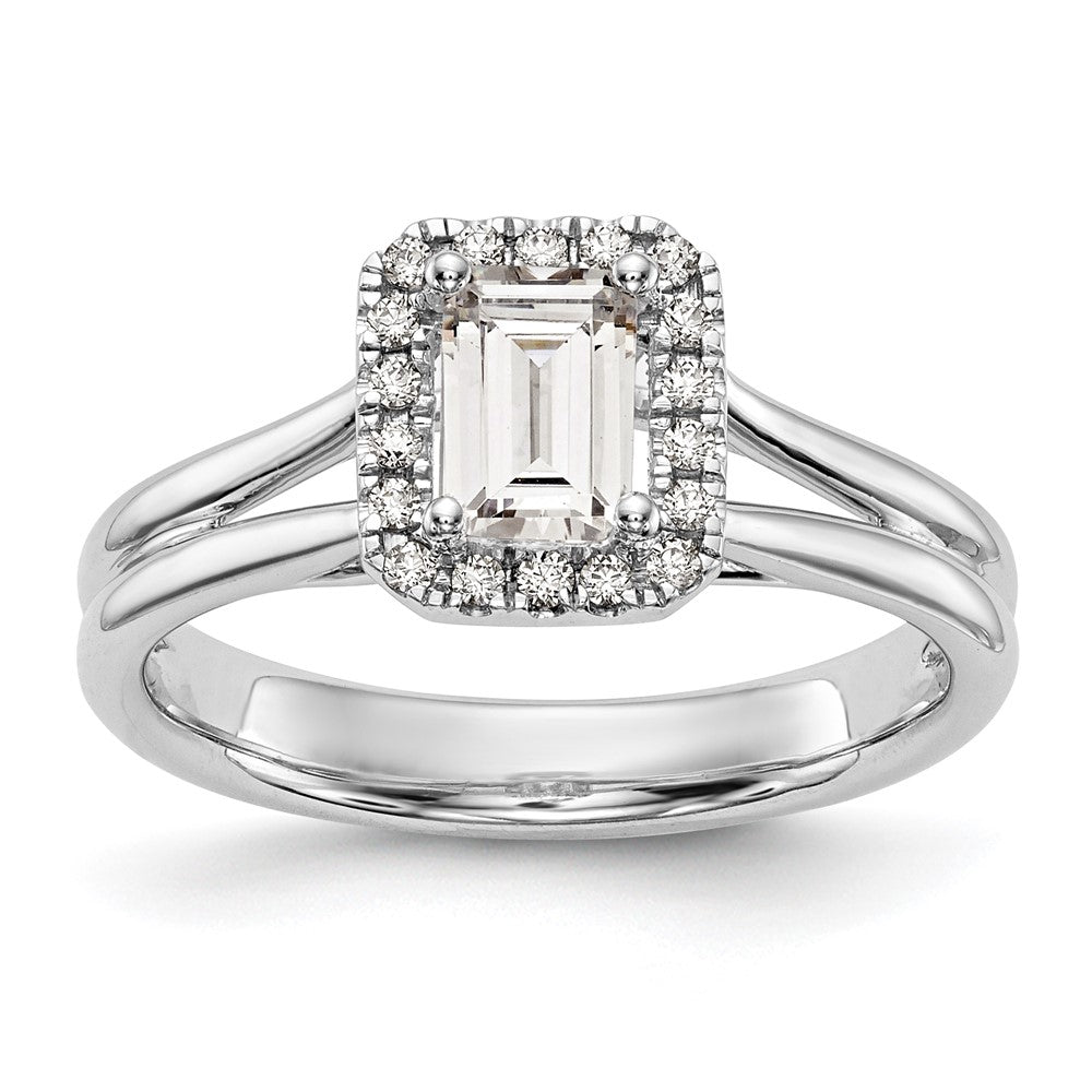 14k White Gold Halo (Holds 1 carat (6.8x) Emerald-cut Center) 1/8 carat Diamond Semi-mount Split Shank Engagement Ring