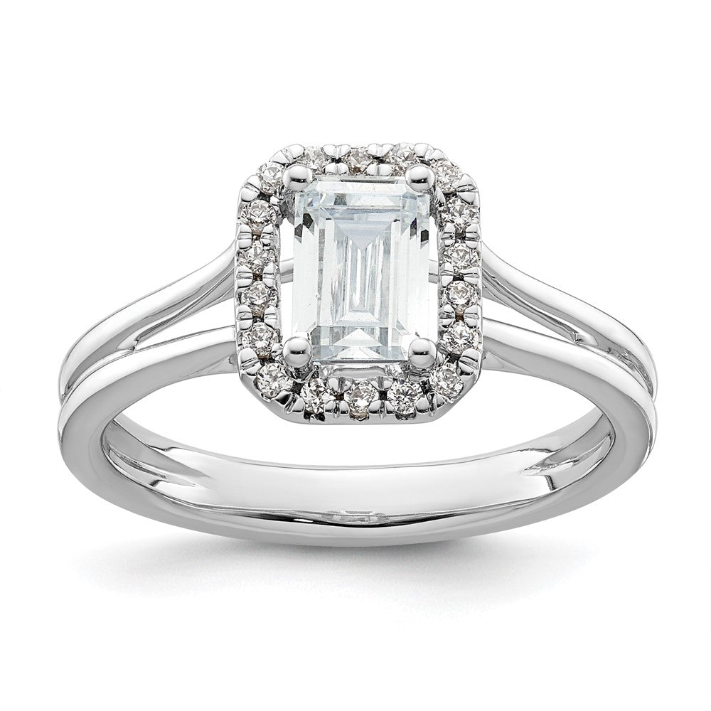 14k White Gold Halo (Holds 1.25 carat (6.8x) Emerald-cut Center) 1/8 carat Diamond Semi-mount Split Shank Engagement Ring