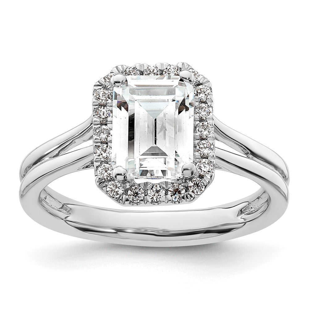 14k White Gold Halo (Holds 1.5 carat (7.7x) Emerald-cut Center) 1/5 carat Diamond Semi-mount Split Shank Engagement Ring