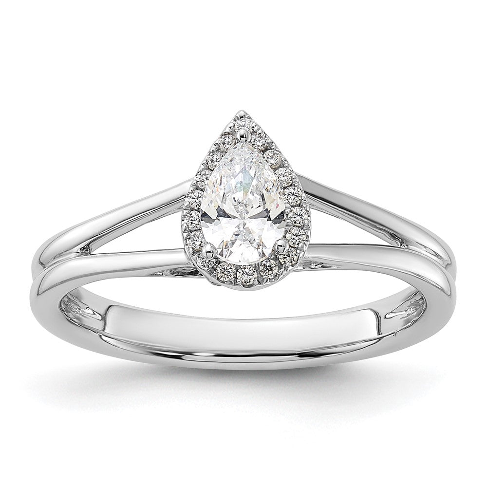 14k White Gold Halo (Holds 1/4 carat (5.5x) Pear Center) 1/15 carat Diamond Semi-mount Split Shank Engagement Ring