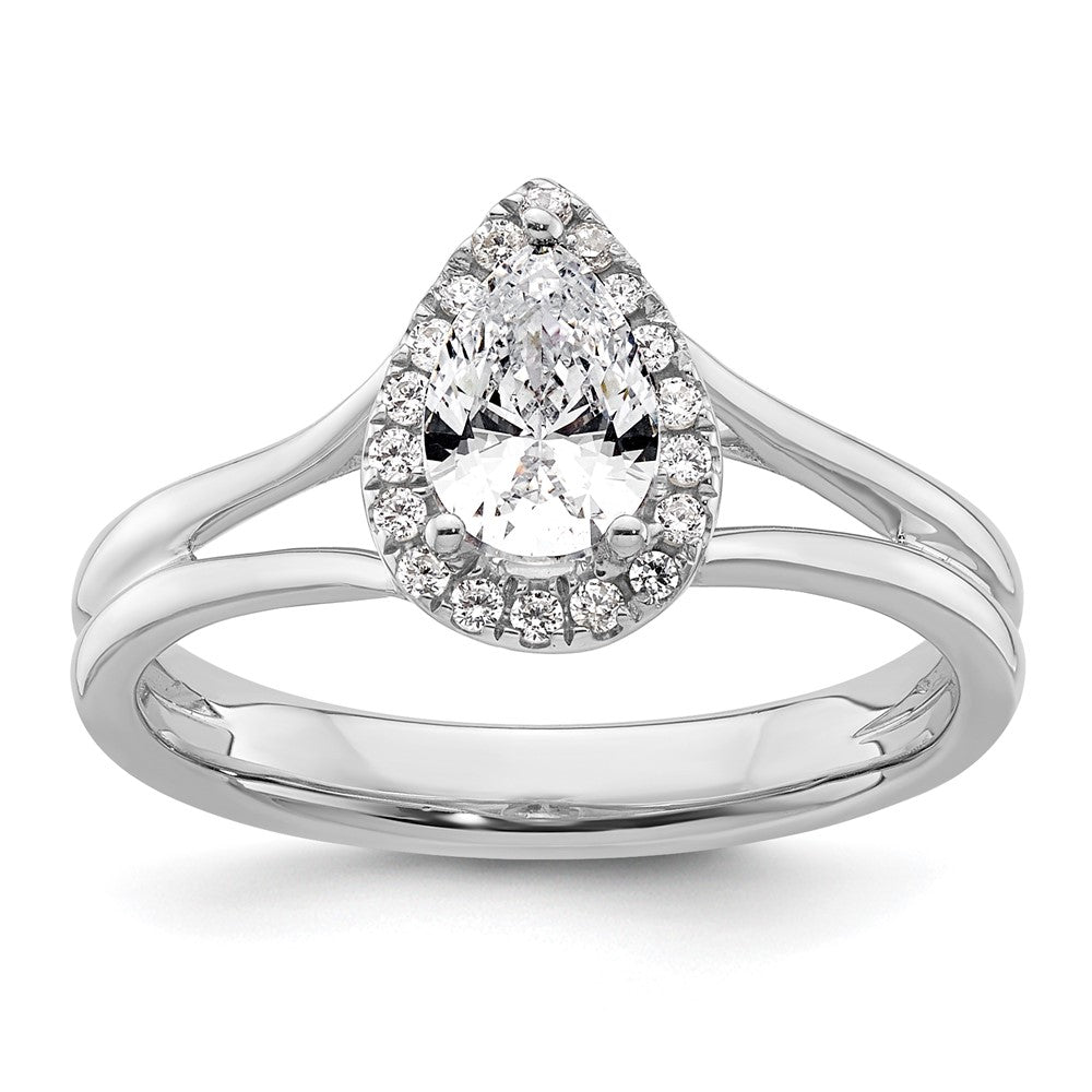 14k White Gold Halo (Holds 1/2 carat (7x) Pear Center) 1/10 carat Diamond Semi-mount Split Shank Engagement Ring