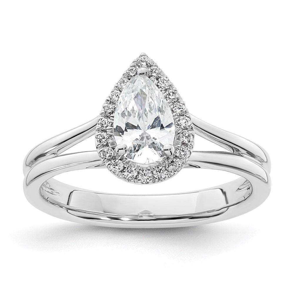 14k White Gold Halo (Holds 3/4 carat (7.7x) Pear Center) 1/8 carat Diamond Semi-mount Split Shank Engagement Ring